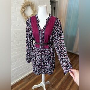 Woman Within Floral Boho Tunic with Fabric Buttons and Balloon Sleeves